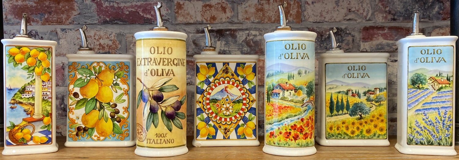 Majolica Italian Ceramic Cruet Oil Bottles on Shelf at Piccola Italian Gifts Sydney Australia Store
