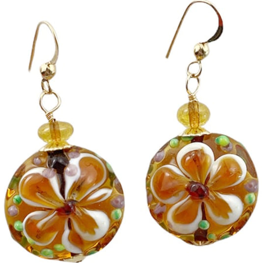 Handcrafted Genuine Topaz Murano Glass Earrings Lampwork Topaz Discs with Gold Fill Ear Wires