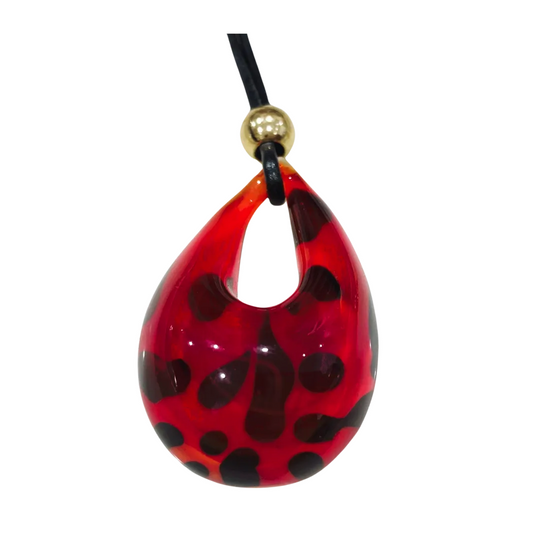 Handcrafted Genuine Venetian Murano Glass Red Leopard Teardrop Pendant Necklace on Leather Cord - Made in Italy