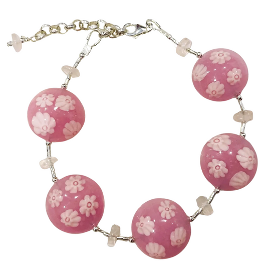 Handcrafted Genuine Venetian Pink with Pink Millefiori Murano Glass Bead Bracelet