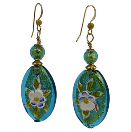 Handmade Genuine Aqua Murano Glass with Hand Painted Porcelain Flowers Earrings Gold Fill Ear Wires