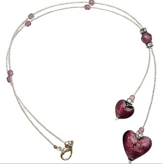 HandcraftedGenuine Venetian Murano Glass Lariat with Purple Silver Foil Heart Beads Drop and SeedBead 16 Inches