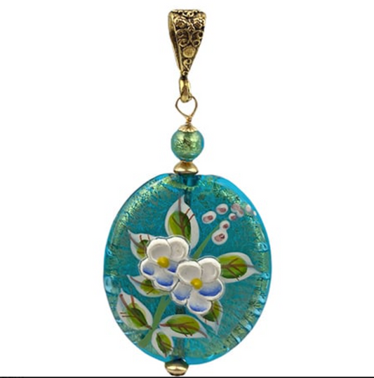 Handmade Genuine Venetian Aqua Gold Foil Murano Glass with Hand Painted Porcelain Flowers Pendant and Pewter Bail
