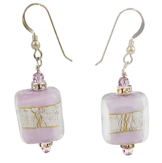 Handcrafted Genuine Lilac Pink Murano Glass Rectangle with Sterling Silver Band & Crystals Earrings