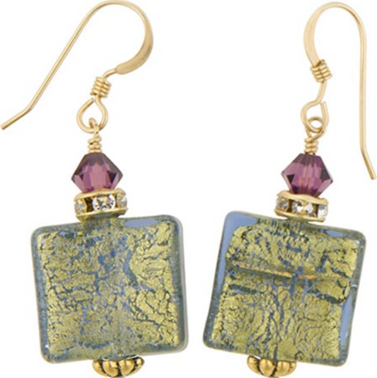 Handcrafted Genuine Venetian Blue Murano Glass with 24kt Gold Foil and Amethyst Swarovski Crystals Squares Earrings, Gold Fill Ear Wires